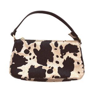 Frasier Sterling Hair On Vegan Shoulder Bag in Champagne/Black Cow Print